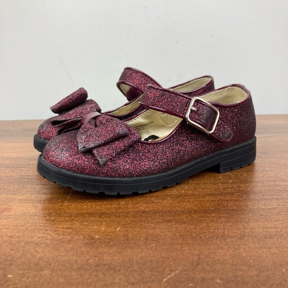 Sugar Other - Sugar Brand Kenna Burgundy Sparkle Bow Mary Jane Flats Hook Loop Girls Size 10M.